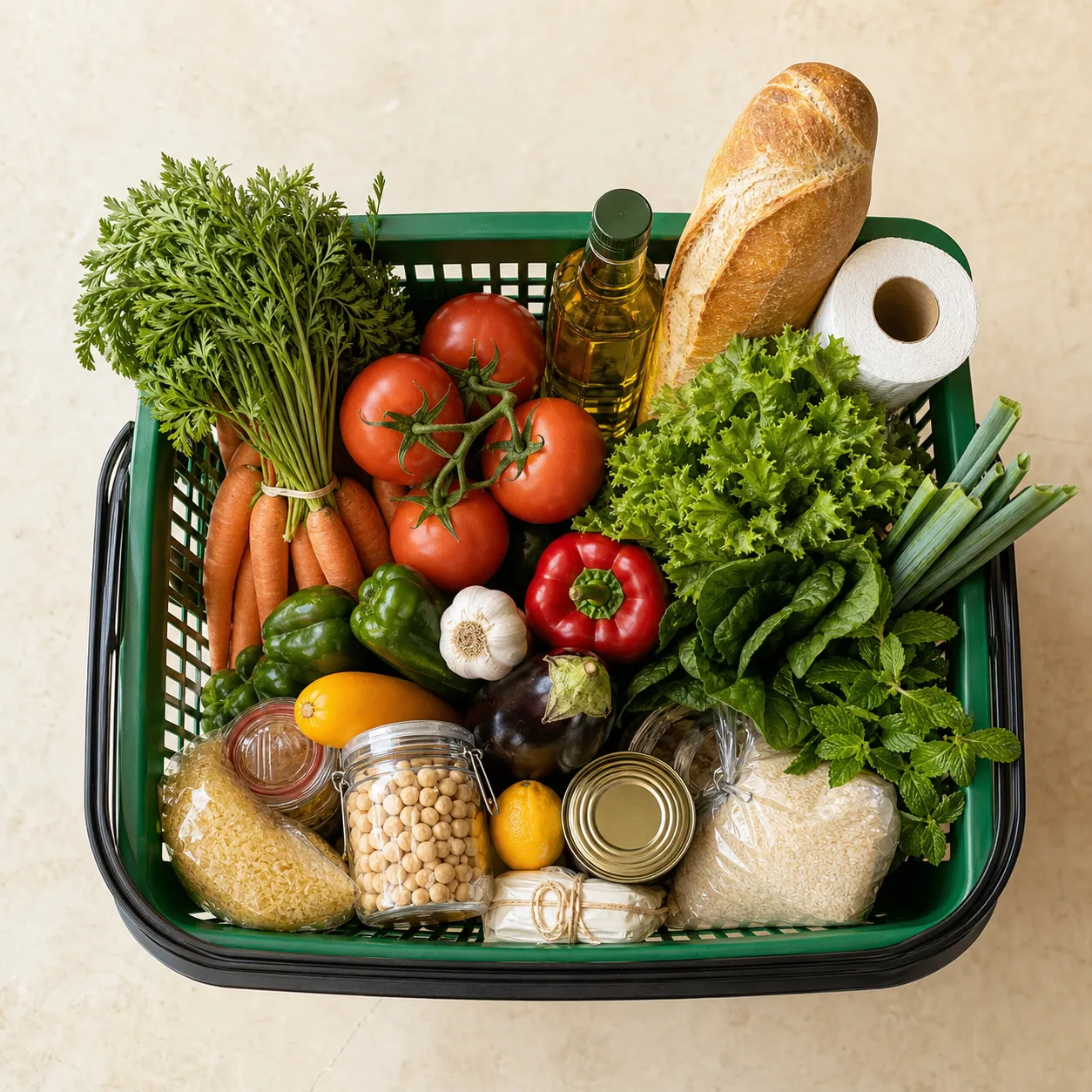 Panier de courses avec produits frais et essentiels