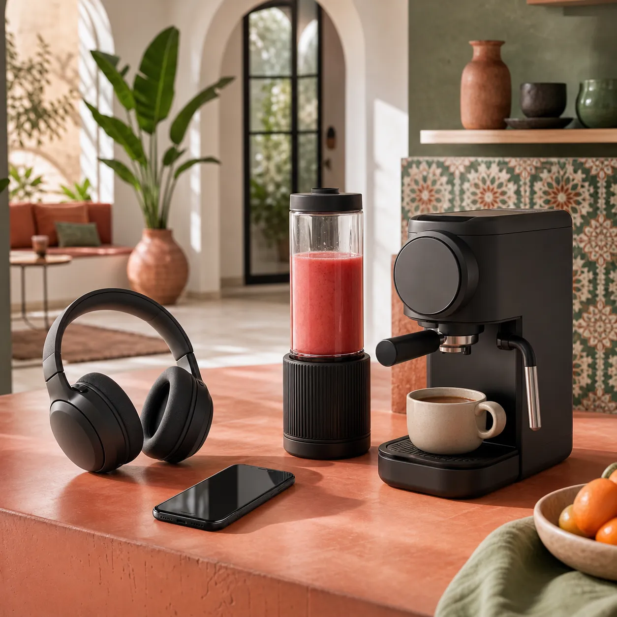 Électroménager et produits high-tech dans un intérieur marocain