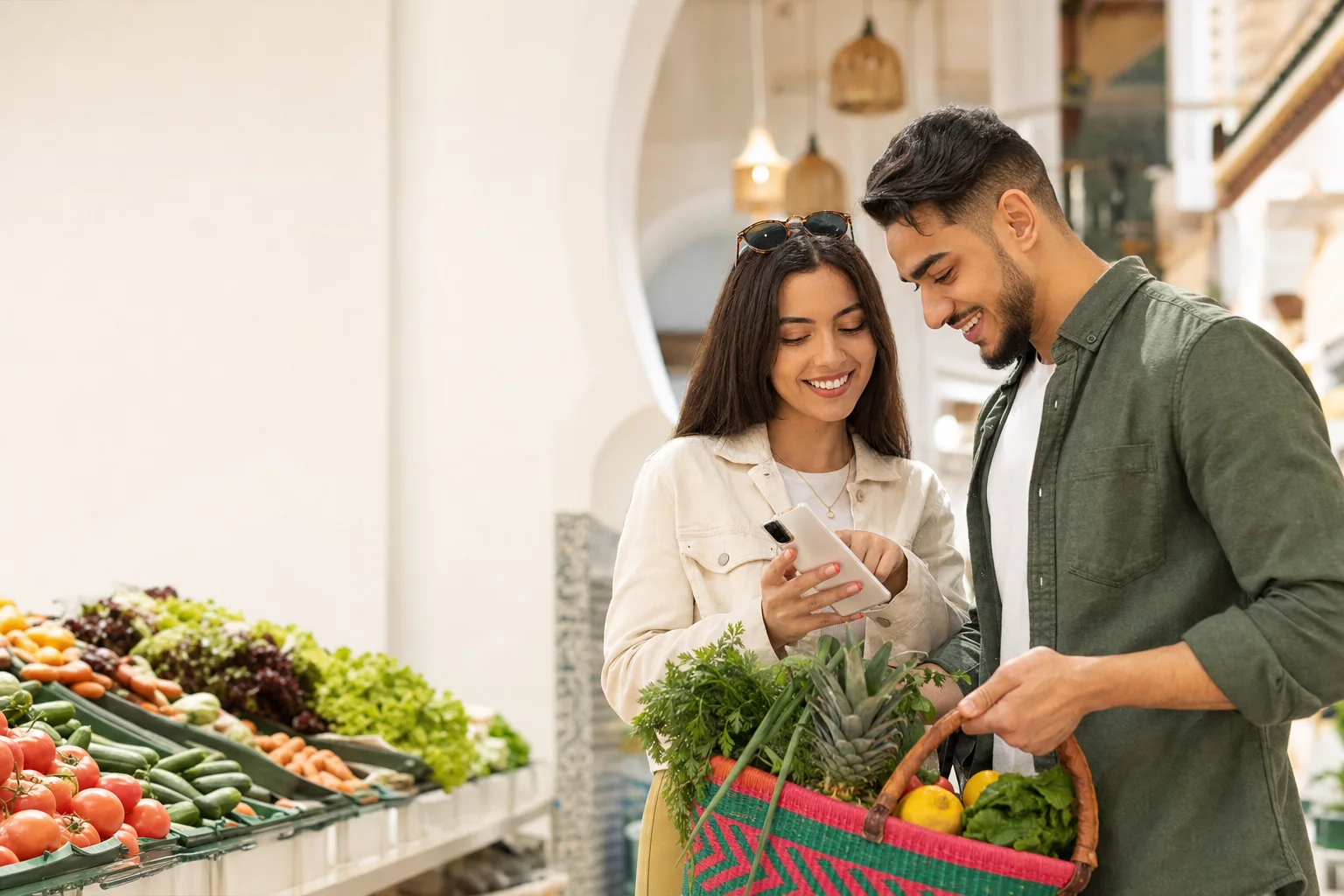 Couple marocain comparant ses courses dans un marché moderne